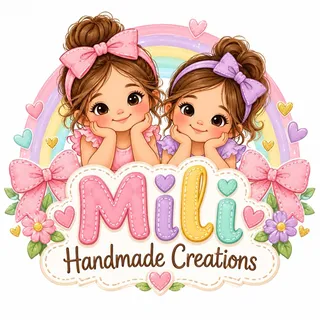 Mili Handmade Creations logo: two smiling girls with bows in front of a pastel rainbow